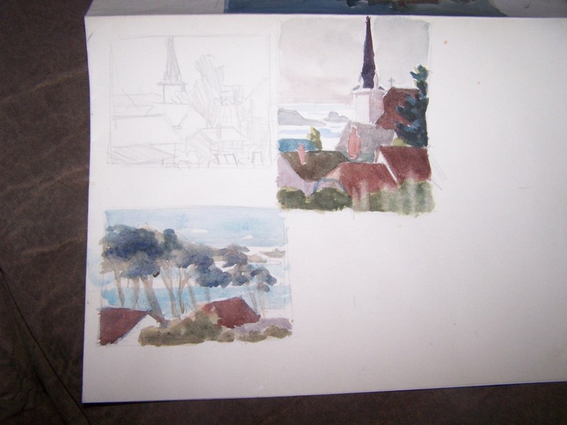 Original Watercolor By Peg Humphreys, 3 sm Scenics and 1 sm Sketch 7″x3.25 4″x5″