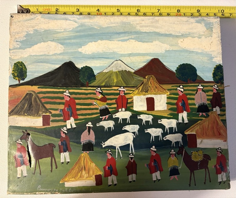 Vintg 60s Latin American Folk Art Painting On Hide/leather Andean Village Scene