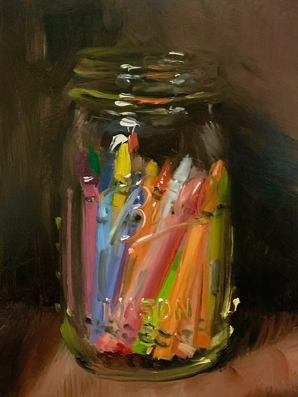 Crayons in a Jar (Hand Embellished) – By VERRIER Still life oil painting
