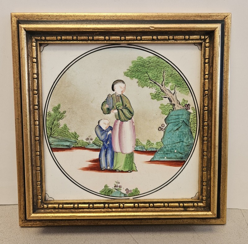 Antique Qianlong 18th Century Asian China Woman Child Painting Porcelain Plaque