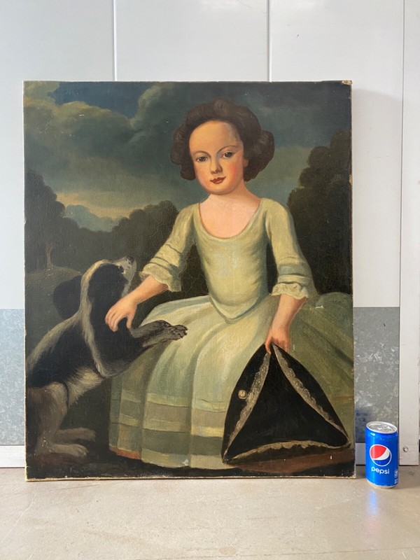 🔥 Fine Antique 18th American Colonial Folk Art Dog Girl Portrait Oil Painting gallery