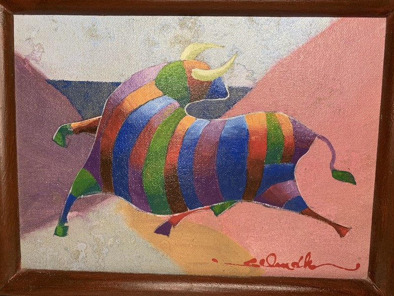 Original Bob Schindler Signed Painting Bull Colorful Framed Art 10.5” X 7.5” gallery