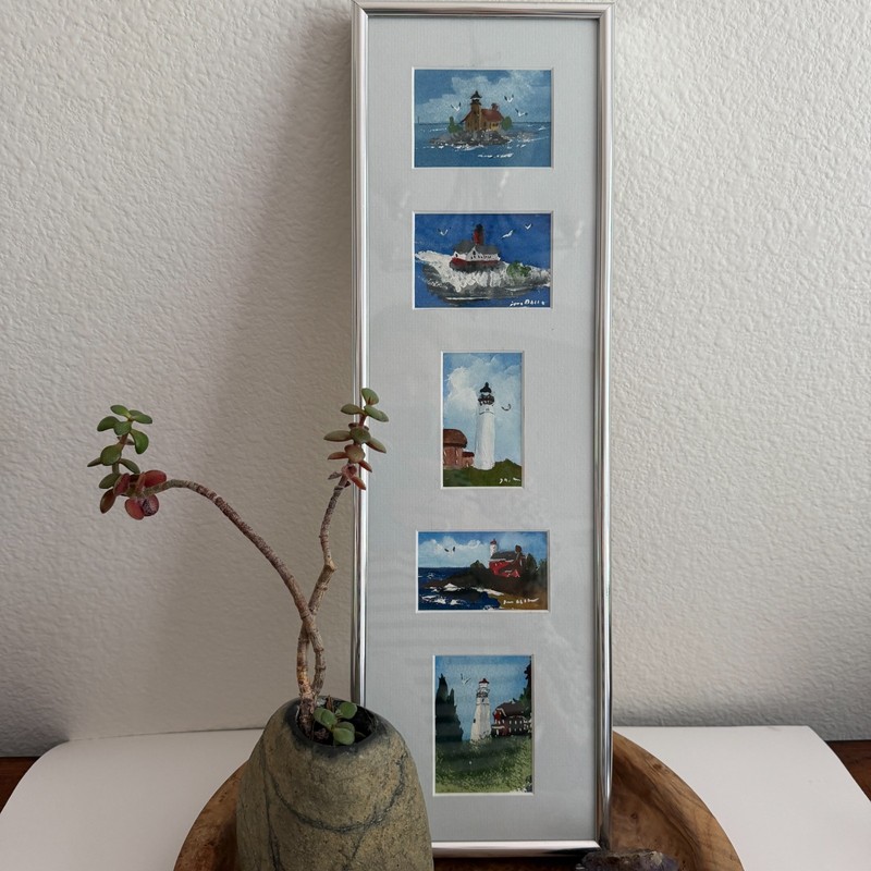 Original Mini Watercolor Lighthouse Paintings Set of 5 Framed Coastal Art 19×6