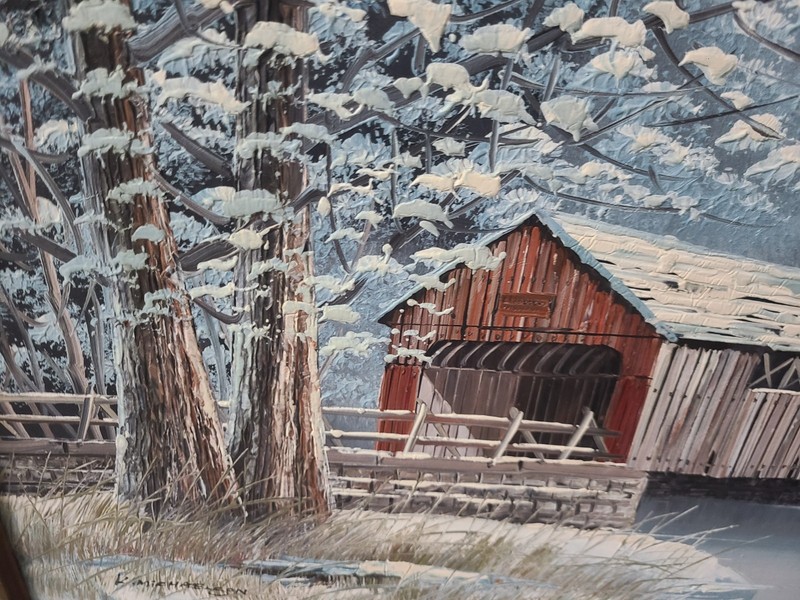 Nice Painting Signed by Artist K. Michaelson Winter Farm Barn with Birds Scene gallery