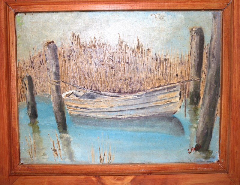 vintage original j Nash nautical shore tied rowboat boat oil painting on board