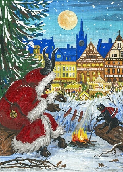 5×7 PRINT OF PAINTING RYTA CHRISTMAS GERMANY VILLAGE KRAMPUS BLACK CAT Folk Art