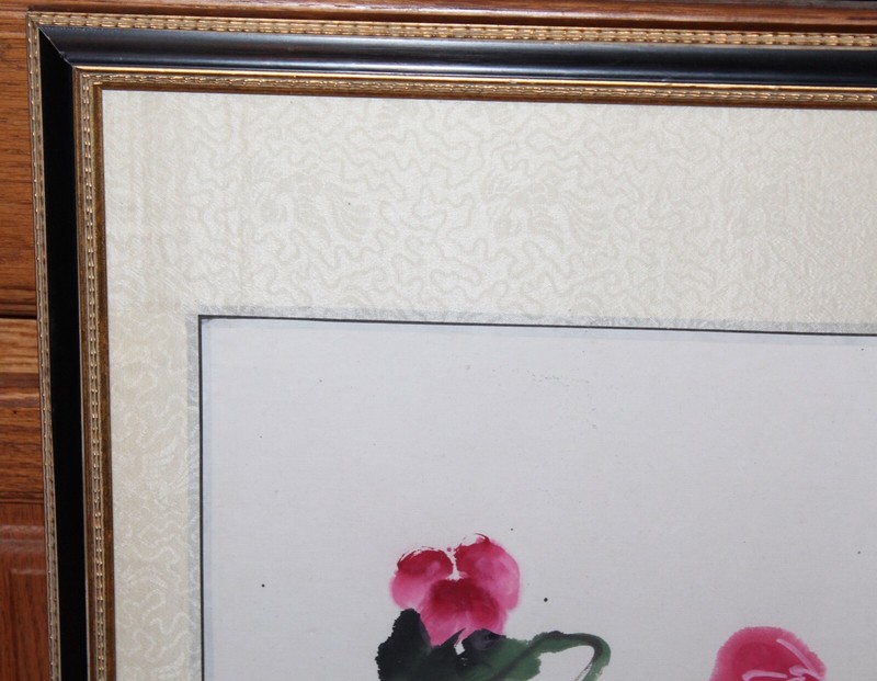 Chinese Painting Red Rose Flowers Signed Stamped Framed Chinese Painting gallery