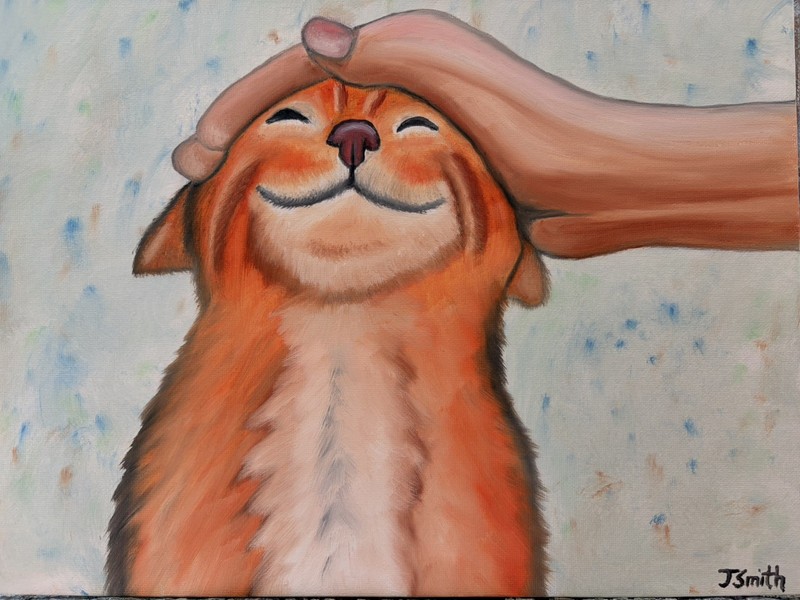 Original oil painting 11 x 14 inch happy colorful orange tabby cat being petted