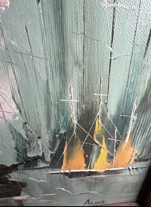 Vintage Mid Century Modern Original Sailboat Oil Painting Signed “Anna” Framed gallery