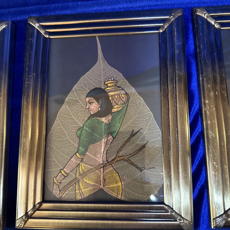 LePakshi Peepal PiPal Leaf Hand Painted Indian Women Framed Art Set Of 3 Framed gallery