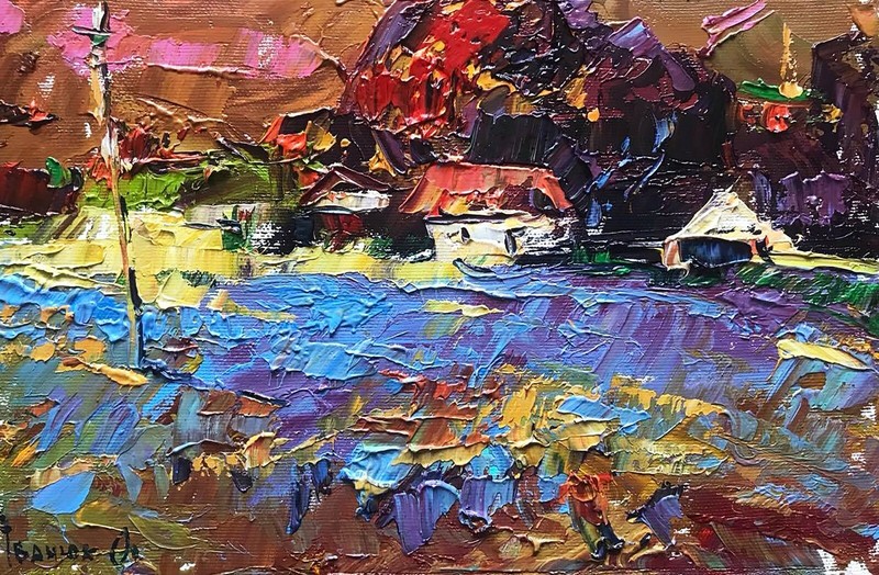 Oil Painting Evening Village Kalenyuk A Original Framed Wall Hanging nKalen545