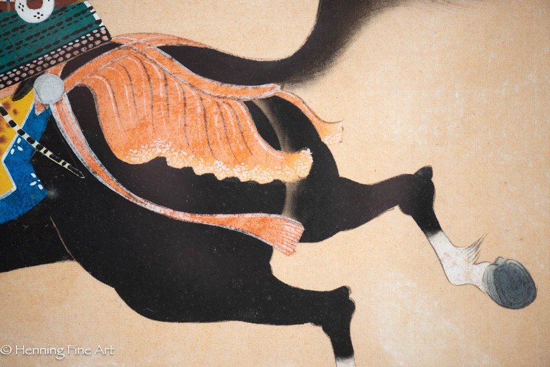 Antique / Vintage Japanese Silk Painting of Samurai Warrior on Horseback 16x19" gallery