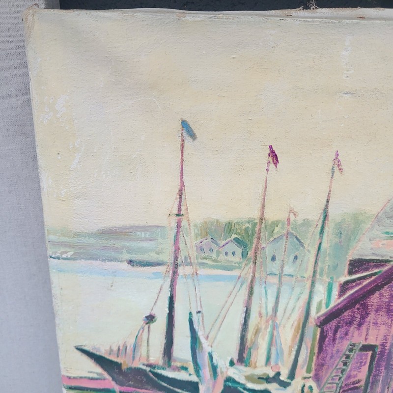 Painting Original Seaside Dock Ocean Boats Fisherman Impressionism Oil on Canvas gallery