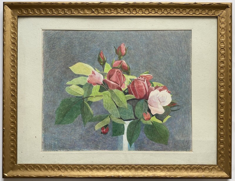 Vintage Original Colored Pencil Still Life Floral Flower Roses Drawing Painting
