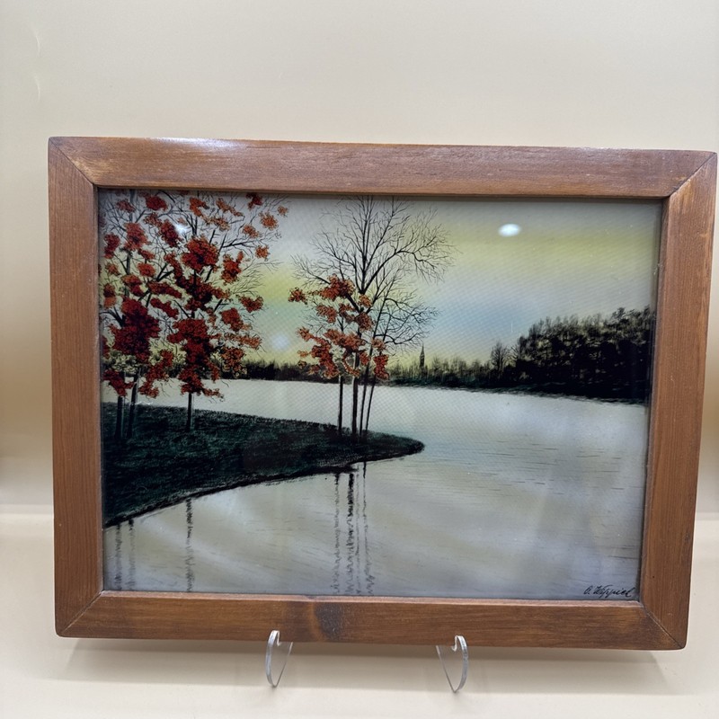 Vintage Reverse Painting on Glass Fall Scene - Signed By Artist