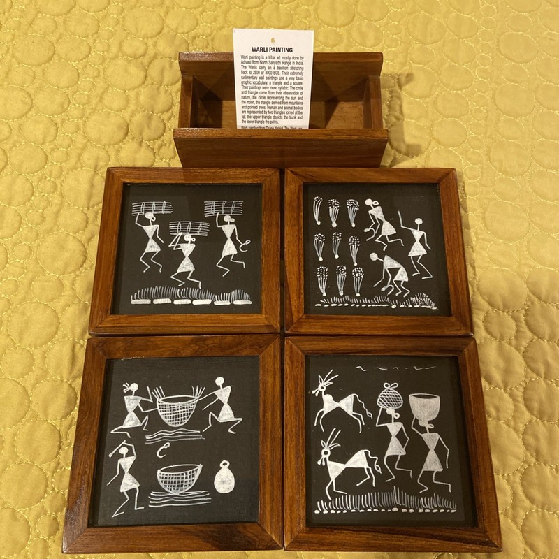 Warli Painting Handmade Indian Coaster set w/holder Tribal Decor Wood Framed gallery