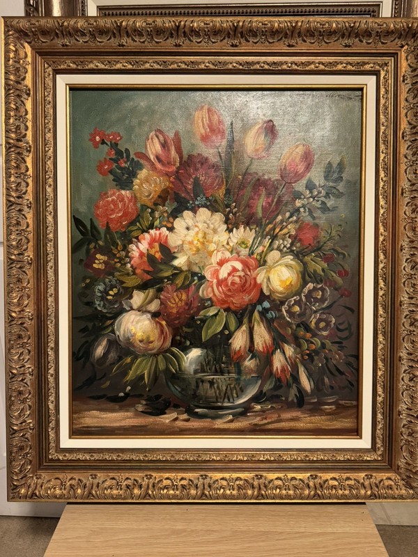 Signed Sanders Mid Century Original Floral Oil Painting Ornate Gold Frame