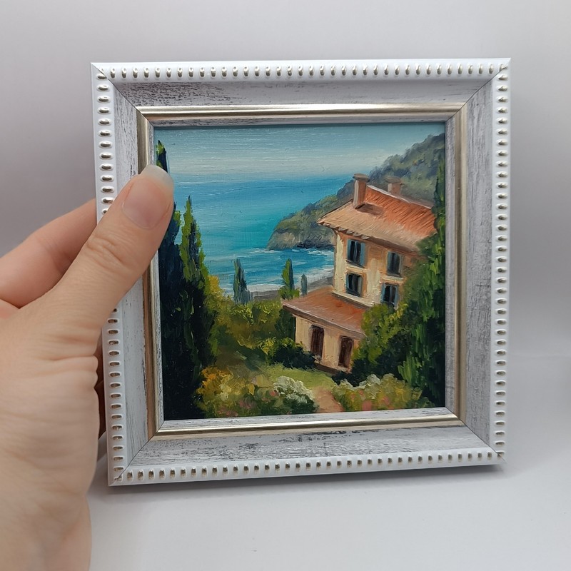 Original Miniature Italian Coastal Oil Painting Framed Mediterranean Art 4x4 gallery