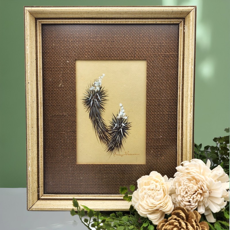 Yucca Desert Scene Painting Signed Evelyn Wallace Framed Burlap Matt 9×11