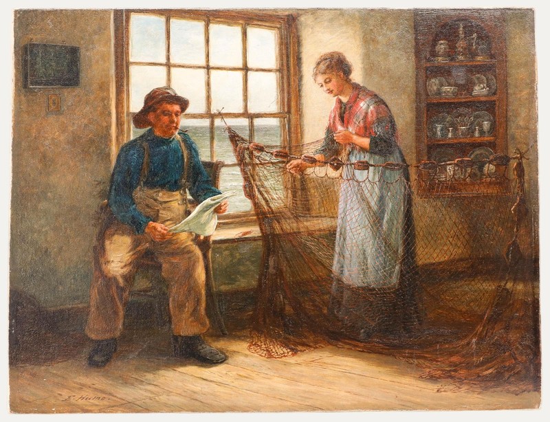 Edith Hume (1843-1906) – 19th Century Oil, Mending Nets