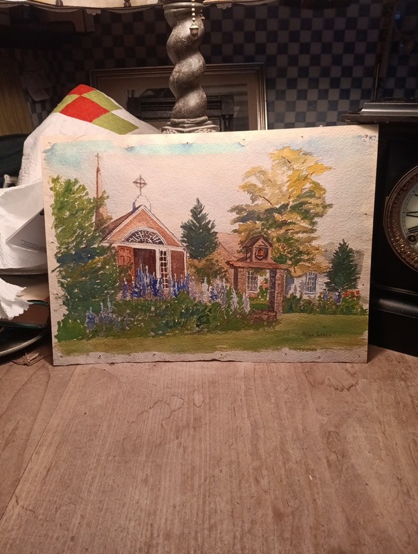 Antique Watercolor Church Signed Helen Green