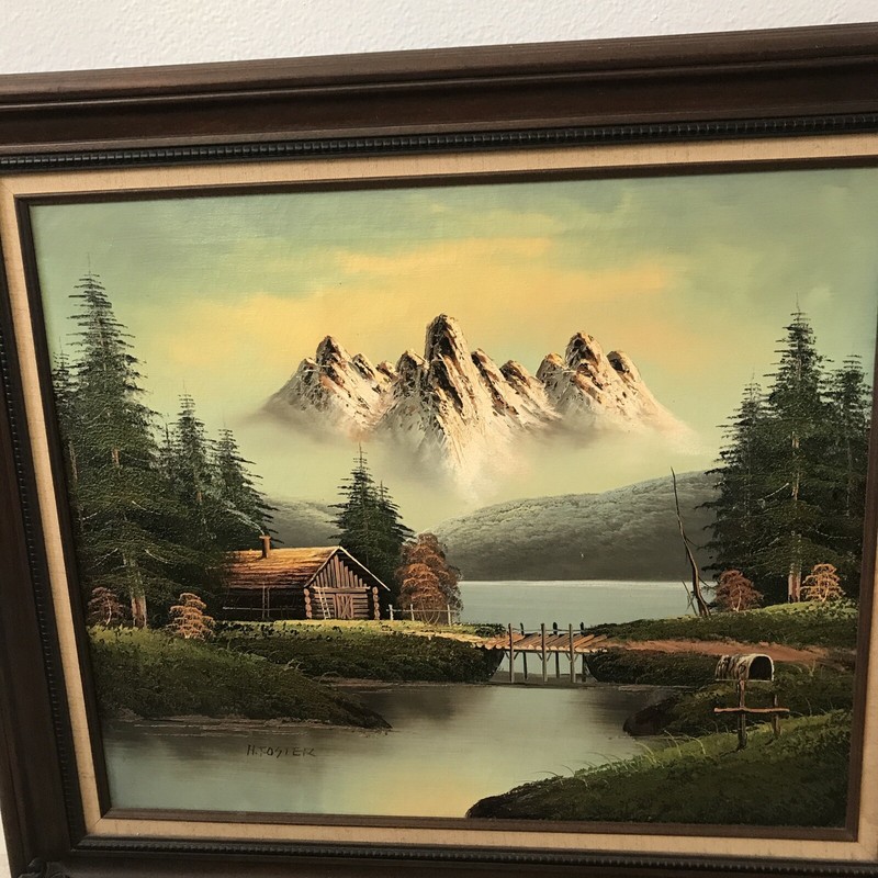 H. Foster Signed Oil Painting Mountain, River, & Cabin 27x31 Frame ~20x24 Canvas gallery