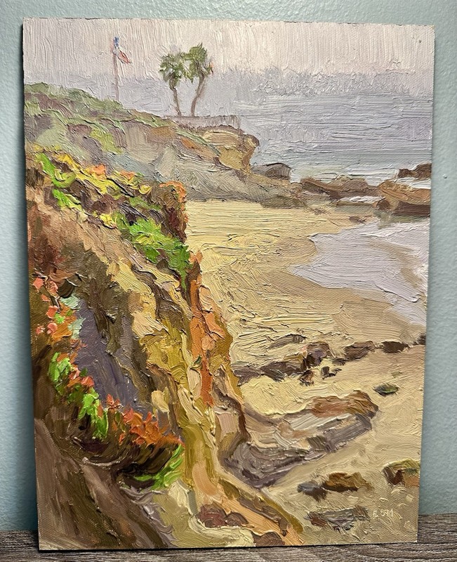 Eric S. (E.S.) McLean - Oil Board Plein Air Painting 9x12 Heisler Park, Overcast