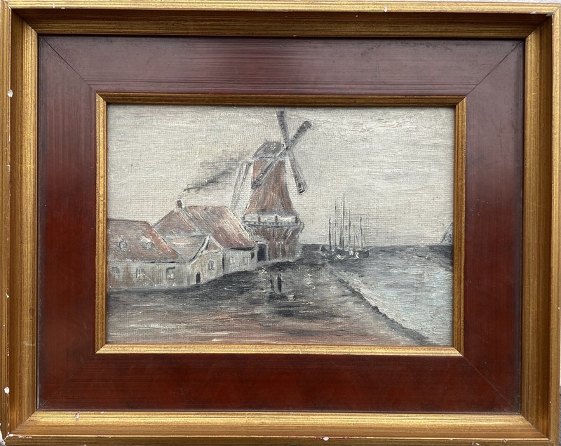 Impressionist Nordic Coastal Landscape Houses Windmill Sailboats Oil Painting