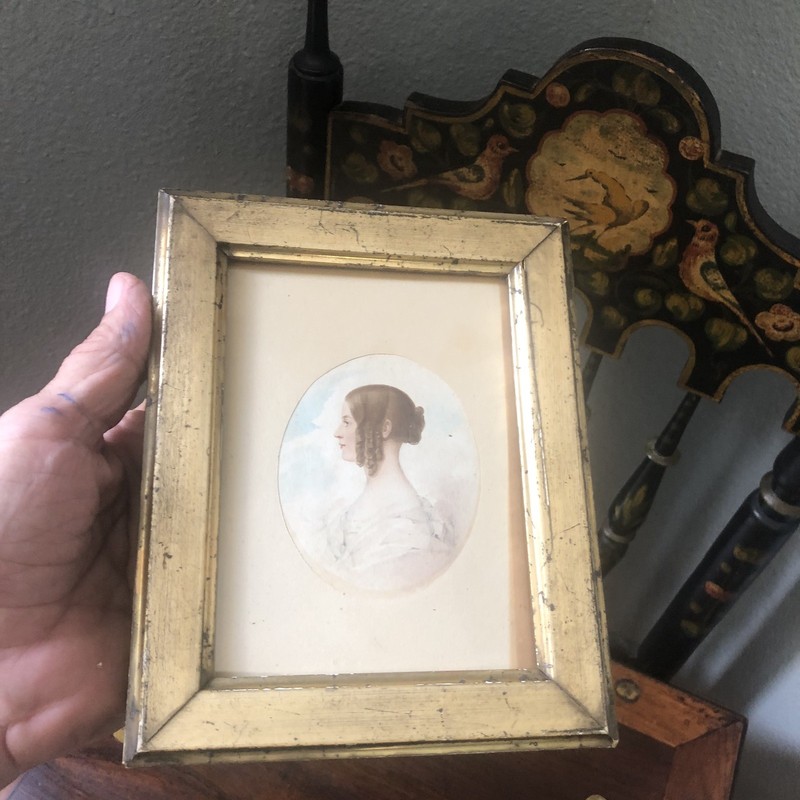 Antique 19th Century Miniature Watercolor Lady Portrait Gilt Frame