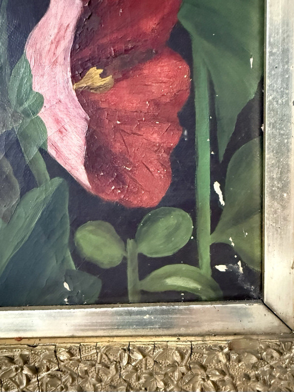 Vintage Original Flower Painting - Hollyhocks, Oil on Canvas, Unsigned, Framed gallery