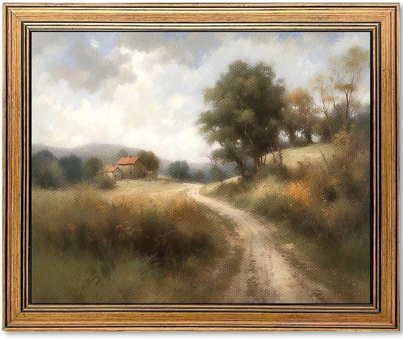 Framed Vintage Wall Art Classical Oil Painting Country Road Canvas Print Kitchen