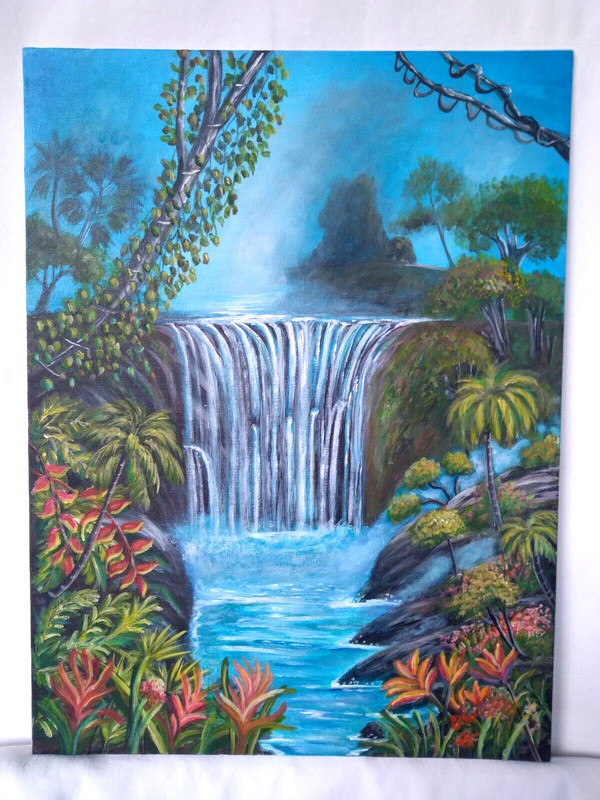 Original Acrylic Painting Hawaiian Tropical Waterfall 12X16 Canvas Artwork Decor gallery