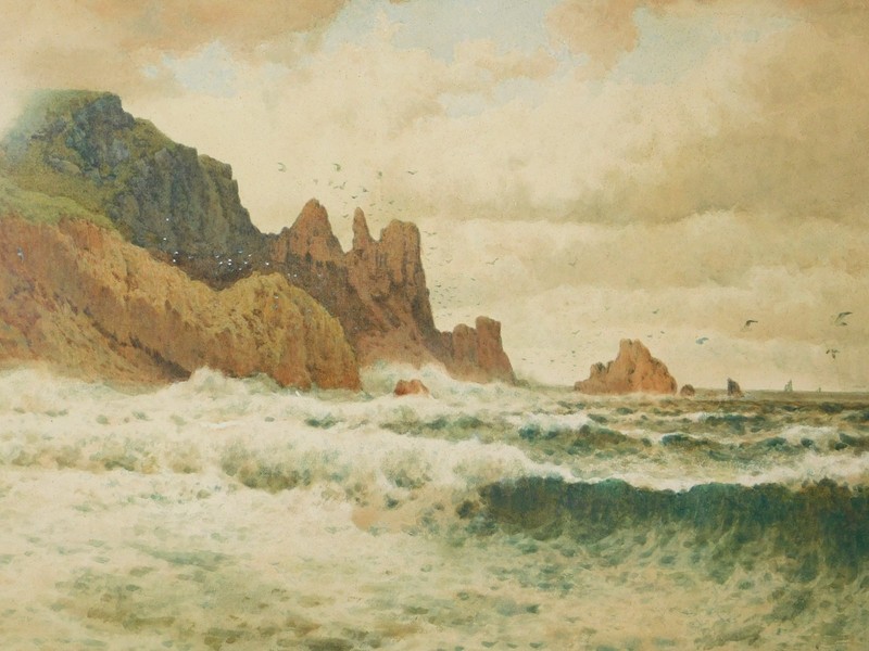 Arthur Suker Signed Antique Watercolor Seascape Storm Surf Cornwall British gallery