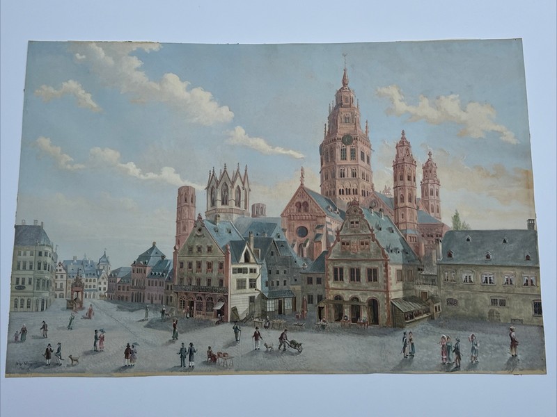ANTIQUE PAINTING MASTERFUL ARCHITECTURE FAMILY COMMUNITY CITY TOWN WEIGAND RARE gallery