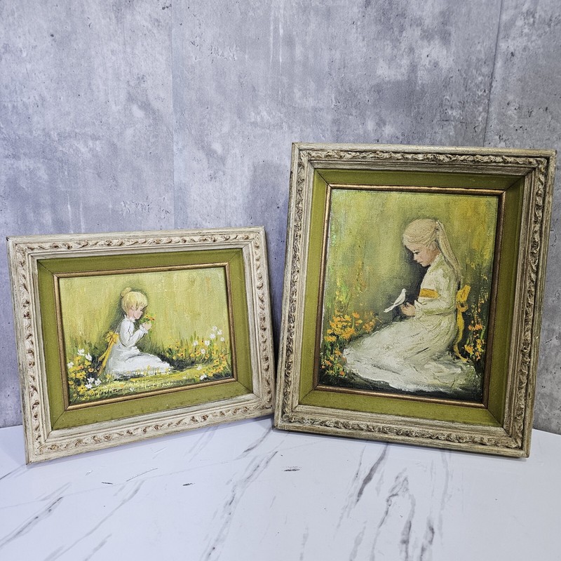 Set of 2 Vintage 70s Girl in Nature Bird Flowers Paintings Ornate Wooden Frames