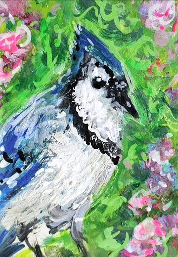 ORIGINAL ACEO PAINTING Blue JAY Spring BIRD Landscape Nature Pink Flower ATC ART