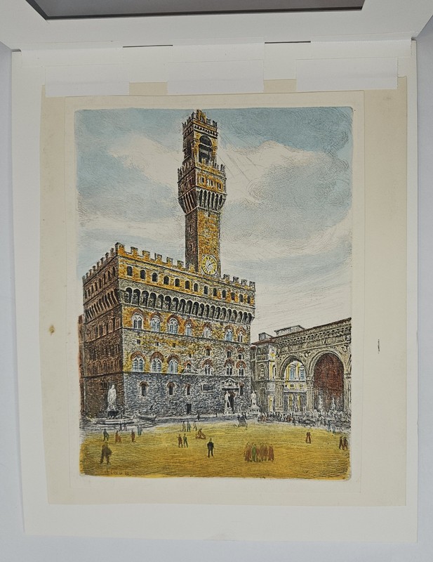 Antique by Bela Sziklay Hand-Colored Etching of Palazzo Vecchio Signed & Matted gallery