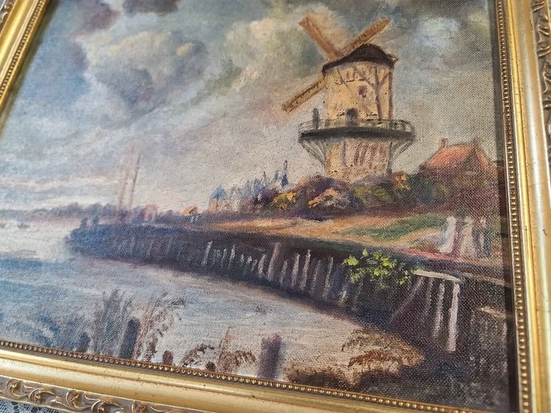 Antique signed oil painting 11×14 original S Roe Famous Ryhsdale windmill scene
