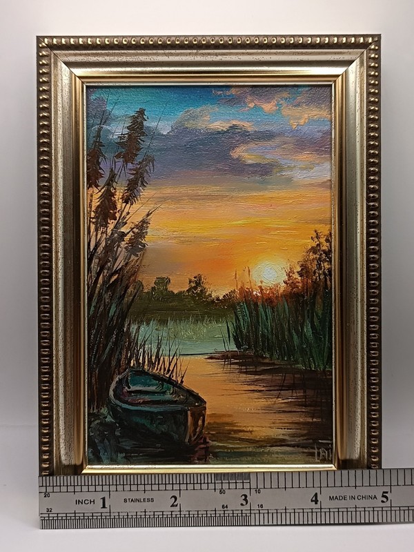 Original Miniature Sunset Lake Oil Painting Boat River Landscape 4x6 Small Art gallery