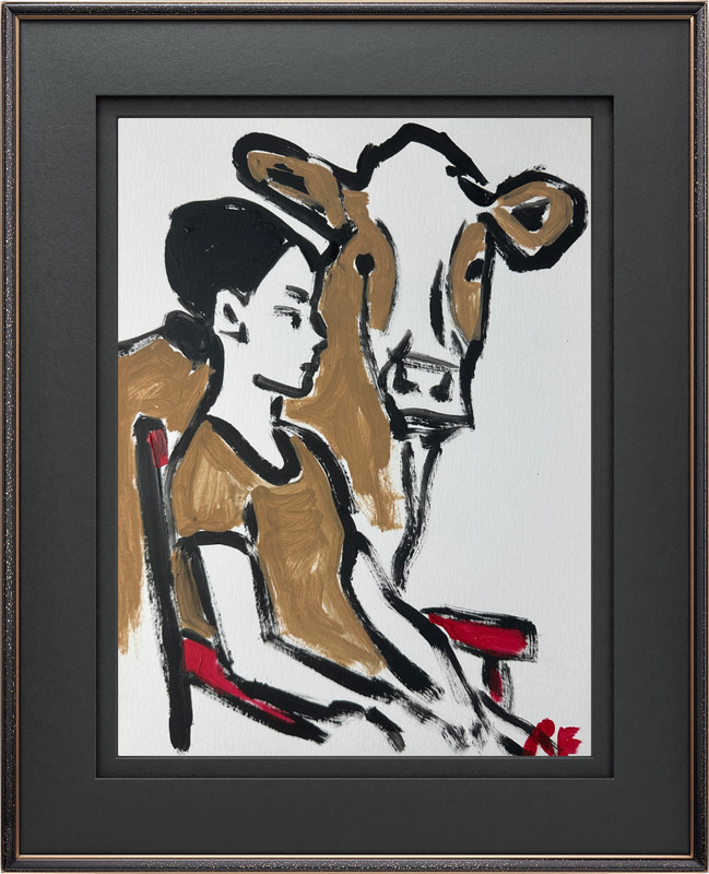 Woman With Cow Painting Original Acrylic Portrait Art Outsider Style 9×12