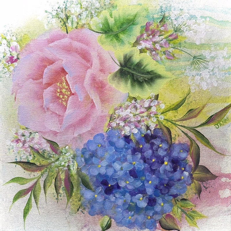 ROSE/HYDRANGEA Shabby Chic Acrylic Painting~10×10~Jann Mendenhall~🖌️🖌️🖌️