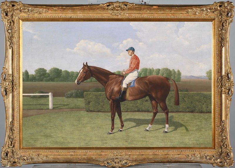 Equestrian Art Dark Bay Racehorse Hand-Painted Oil Painting on Canvas 24″x36″