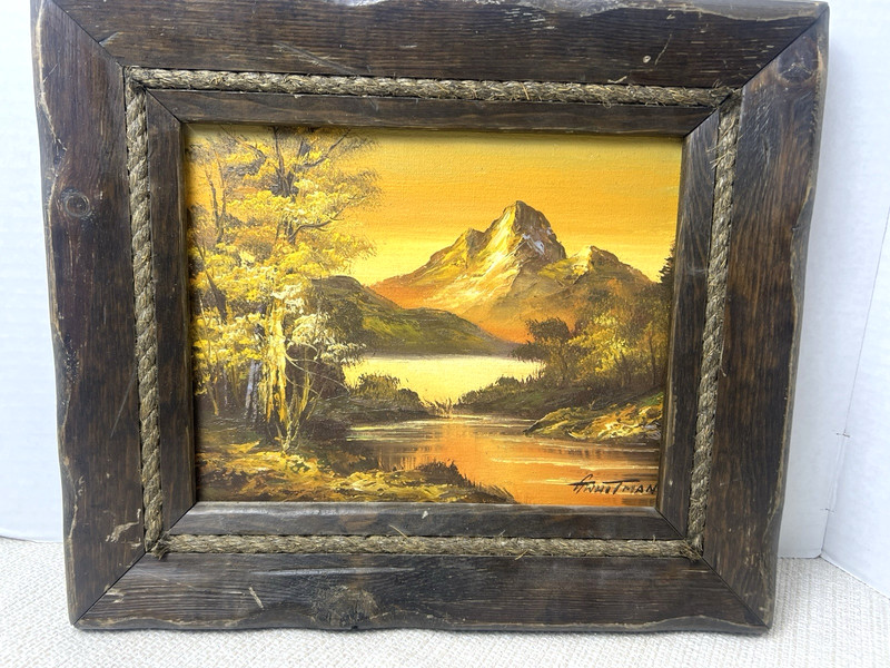 Vtg Mountain Landscape Oil Painted Signed G. Whitman Wood Rope Frame Rustic 70s