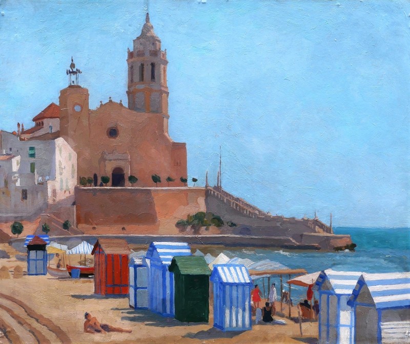 French Oil Painting Framed Landscape Seascape View Sitges Agapito Casas Abarca