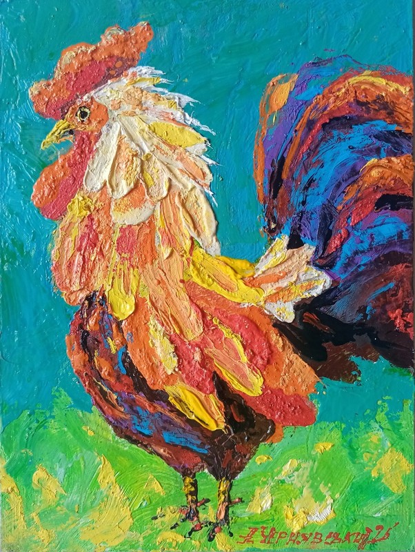 Rooster Impasto Painting Original Art Impression Oil Painting 8 x 6 in