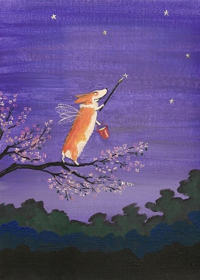 5×7 FOLK ART PRINT OF PAINTING RYTA PEMBROKE WELSH CORGI FAIRY Folk Art Flowers