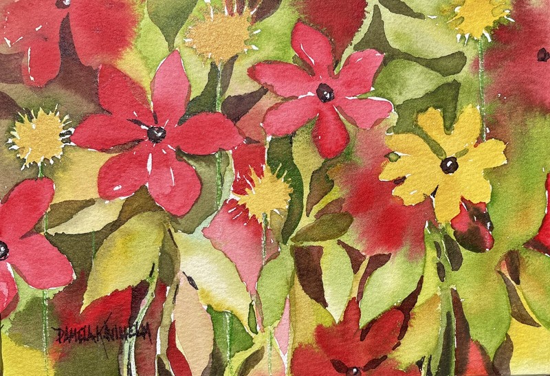 5”X 7” Original Watercolor Pamela Wilhelm Bold Tropical Floral Reds Greens