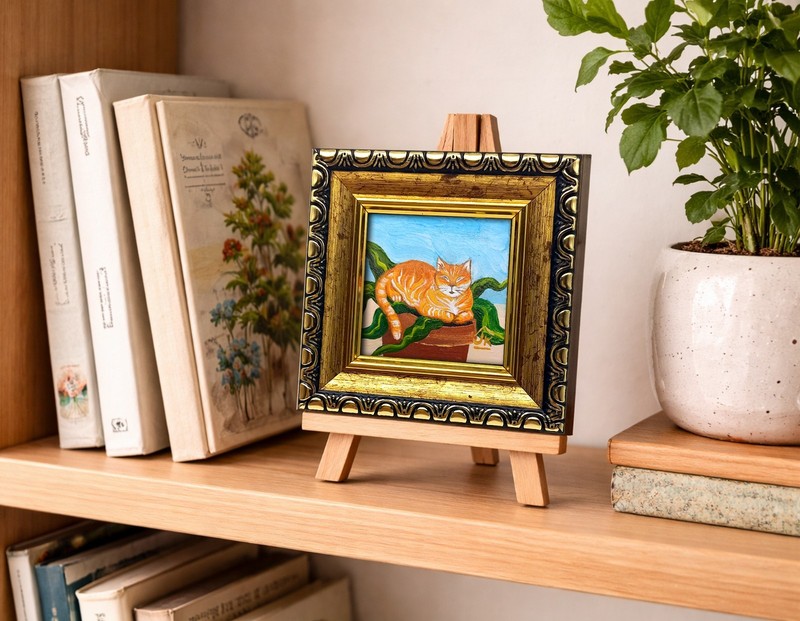 Orange Cat in Flower Pot Mini Oil Painting Original Cat Art Cat Lover Gift gallery