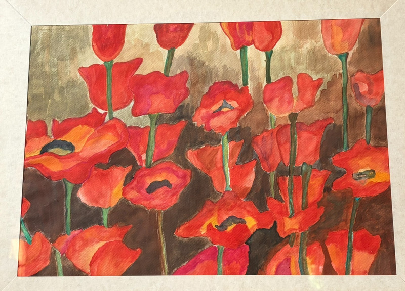 Vtg Original Vibrant RED POPPIES 20X16»Framed Watercolor Painting