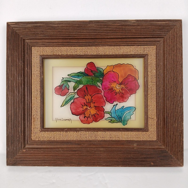 Vtg Garden Pansies Alice Beamish Reverse Glass Painting Wood Framed 70s Floral